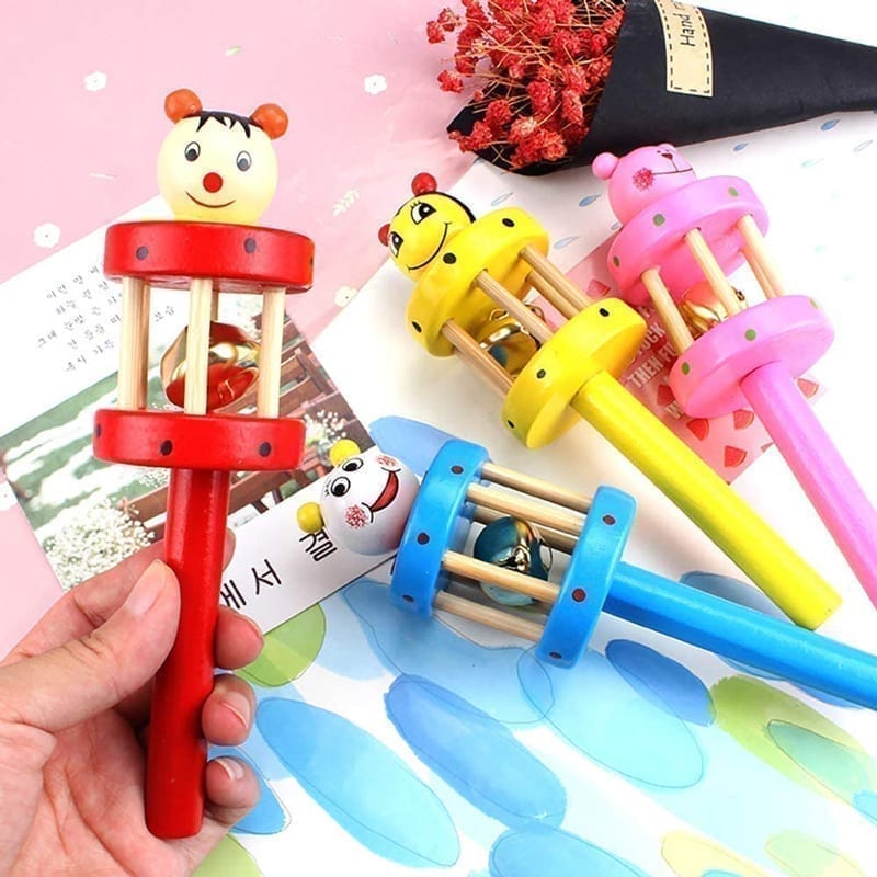 Wooden Animal Smiling Face Ring Bell Musical Kids Toy