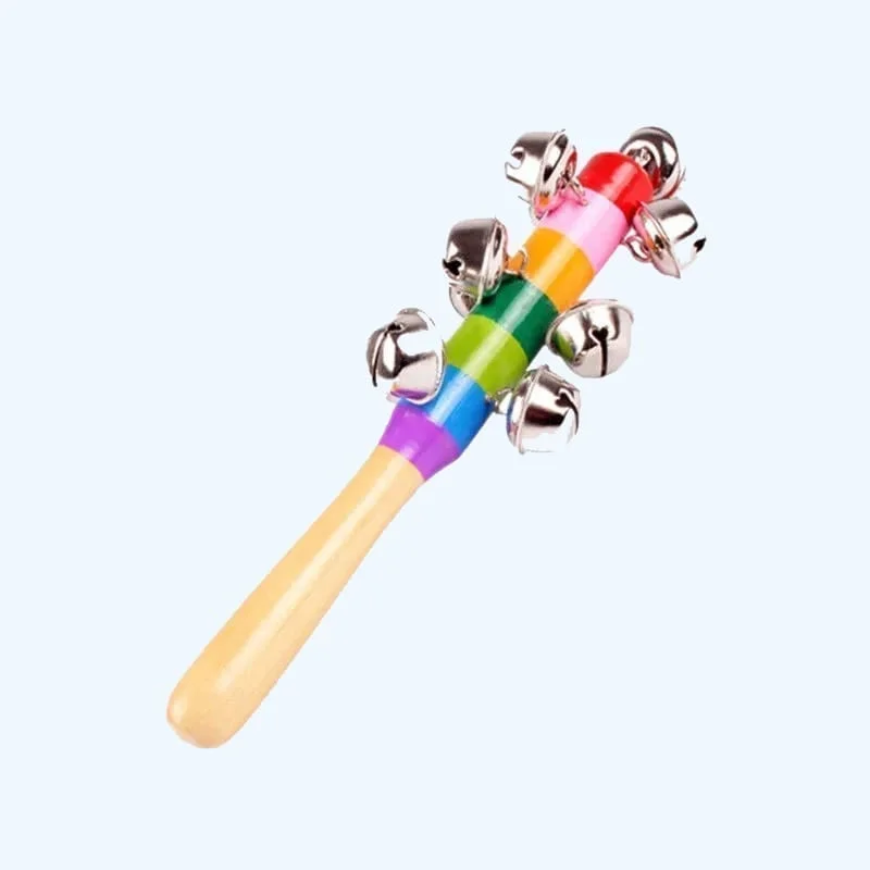 Vivid Color Rainbow Handle Wooden Bells Jingle Stick Shaker Rattle Baby Kids Children Musical Toys