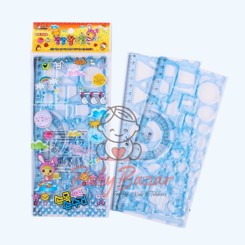 2 in 1 Clear Blue Plastic Measuring Drawing Drafting Geometric Template Ruler Guide