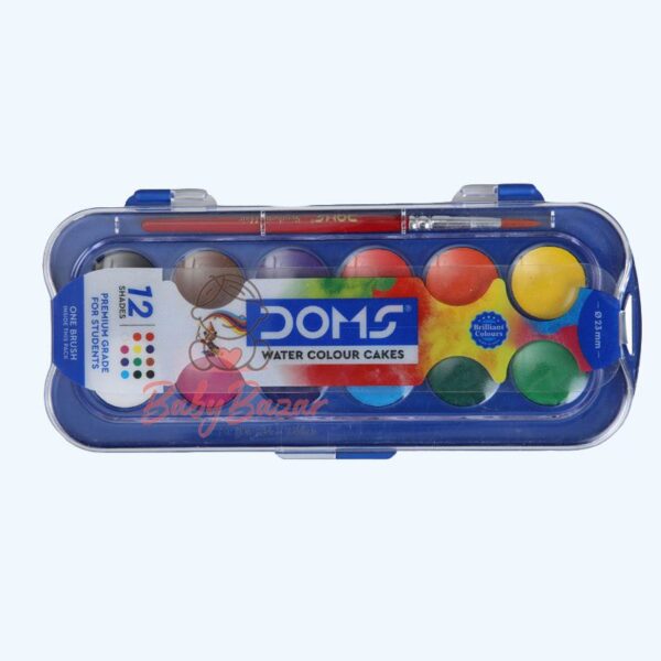DOMS Non Toxic 30mm Water Colour Cake Set with Paint Brush 12 Assorted Shades